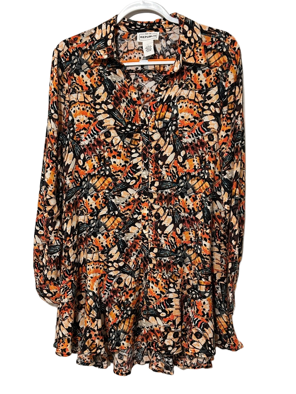 🎼For The Republic button down Orange, Black & Cream Butterfly-Print Tunic size L
